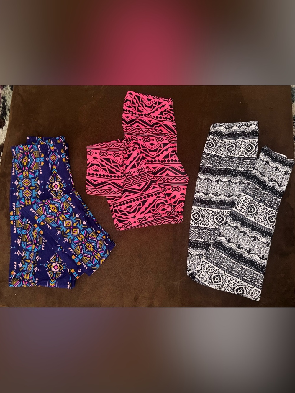Lot of 3 Buttery Soft Leggings OS Small Medium fit Aztec Tribal Pink Black White